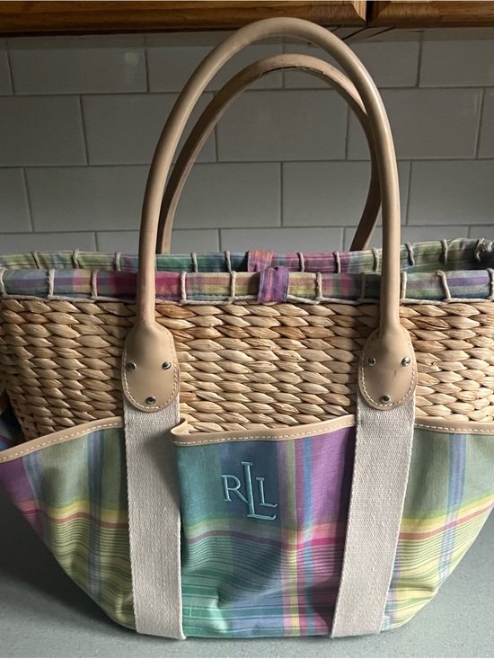 Ralph Lauren Handbags - Ralph Lauren Multicolor Pastel Plaid Straw Tote with Cream Leather Handles large